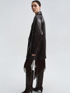audreyyang Thick Vintage Croc Embossed Doublebreasted Midlength Women Pu Leather Jackets