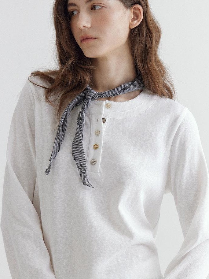 fano Soft Cotton Blend Round Neck Minimal Commuter Women White Long Sleeve T-Shirts
