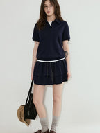 fano Navy Polo Short Sleeve Two Piece Pullover Mini Skirt For Women Top & Skirt Sets