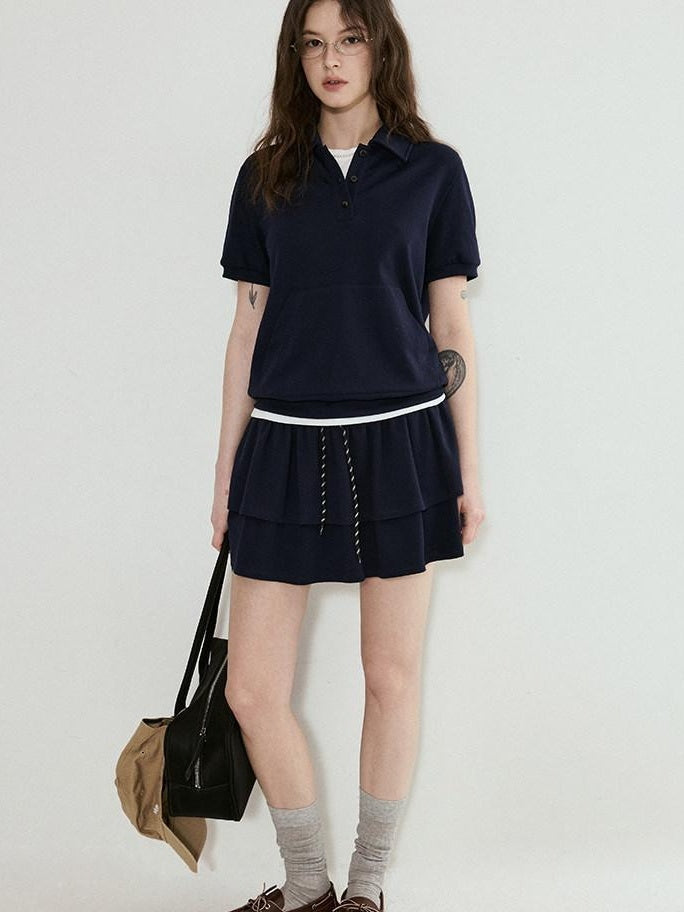 fano Navy Polo Short Sleeve Two Piece Pullover Mini Skirt For Women Top & Skirt Sets