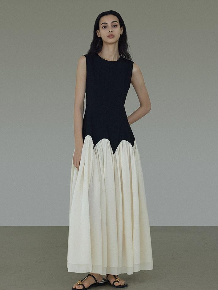 unspoken Colorblock High Waist Minimalist A Line Round Neck Office Ready Maxi Dresses