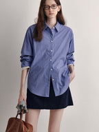 fano Skin Friendly Breathable Cotton Loose Fit Buttoned Collared Women Blue Shirts