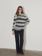Lofi choose Soft Acrylic Wool Blend Striped Polo Collar Loose Fit Office Knitwear Sweaters