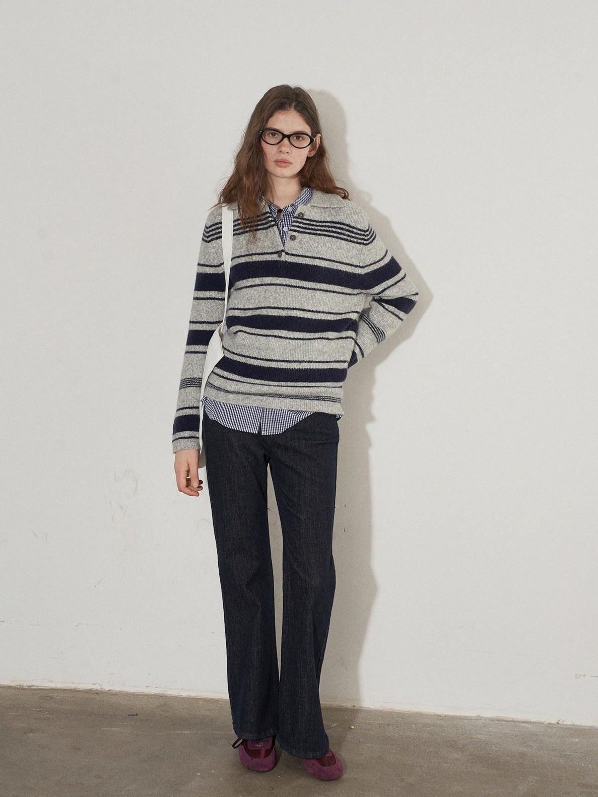 Lofi choose Soft Acrylic Wool Blend Striped Polo Collar Loose Fit Office Knitwear Sweaters