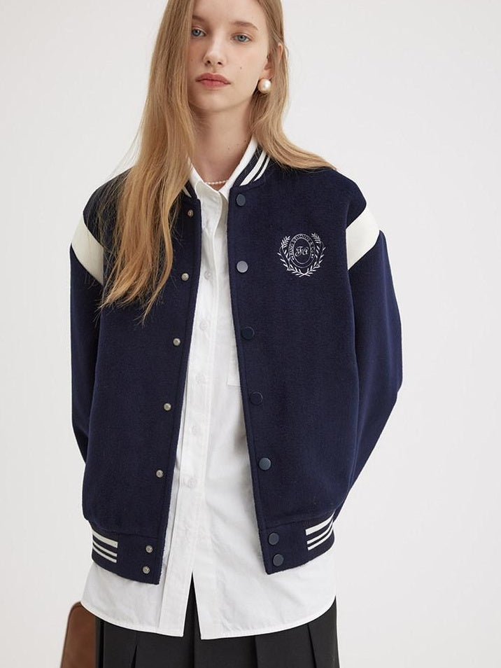 fano Embroidered Relaxed Fit Commuter Colorblock Crew Neck Women Bomber Jackets