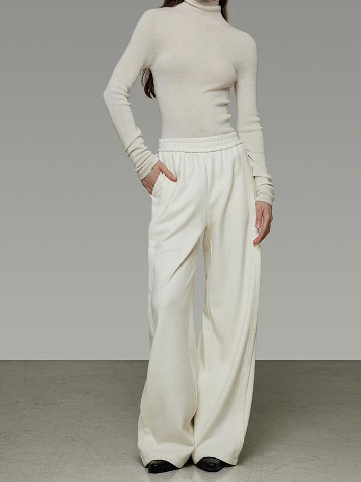 unspoken Comfort Elastic Natural Waist Minimal Solid White Polyester Blend Wide Leg Pants