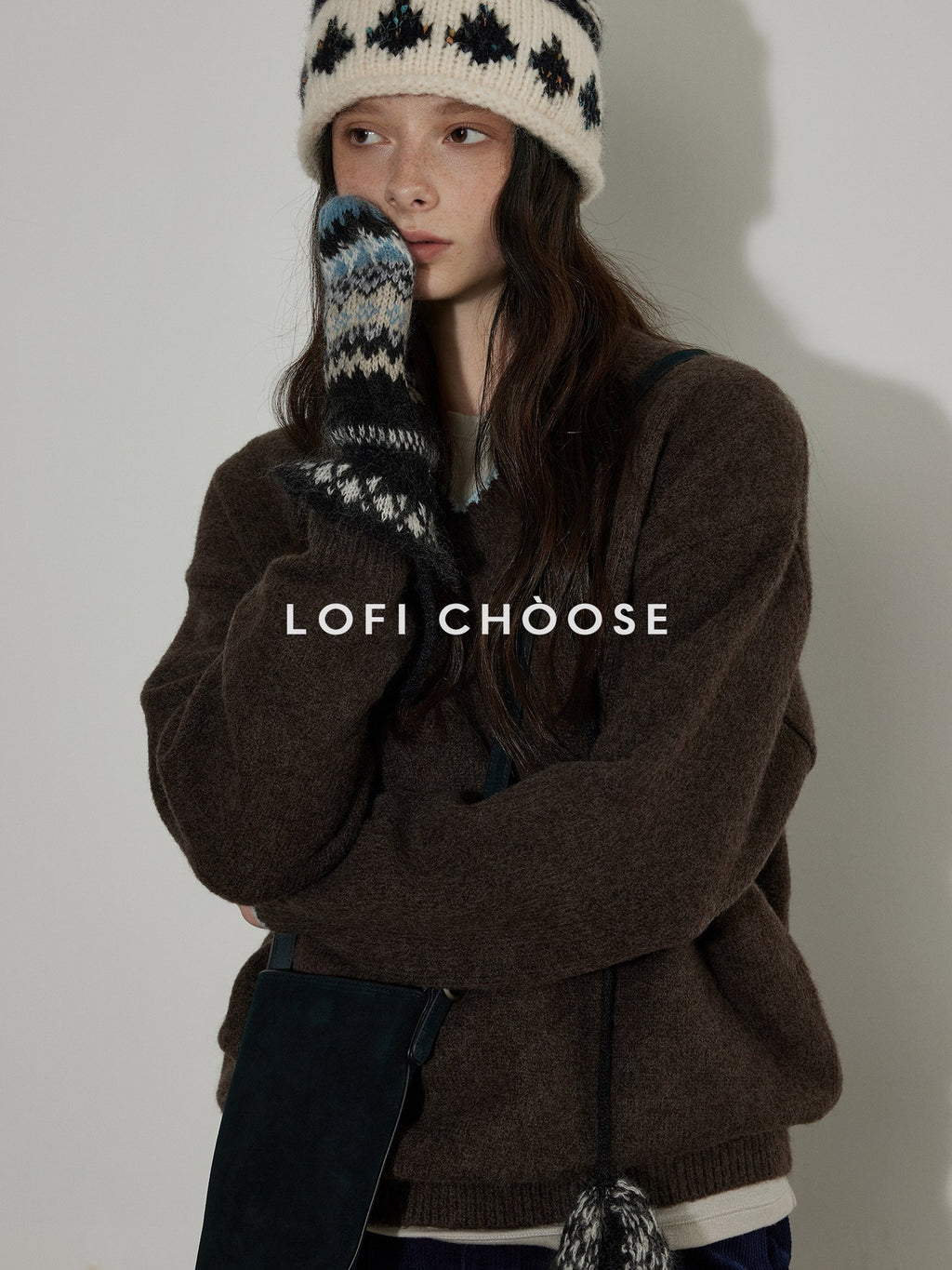 Lofi choose Soft Acrylic V-neck Loose Fit Office Knit Pullover Grey Brown Sweaters