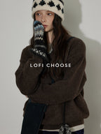 Lofi choose Soft Acrylic V-neck Loose Fit Office Knit Pullover Grey Brown Sweaters