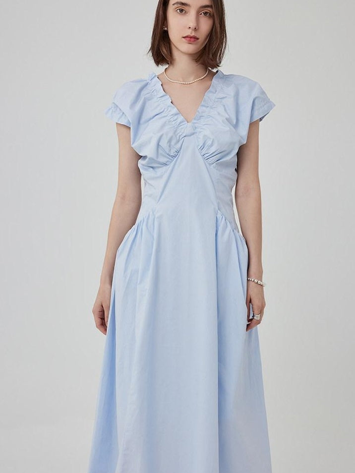 fano Pleated High Waist A Line V-neck Flutter Sleeves 100% Cotton Casual Maxi Dresses