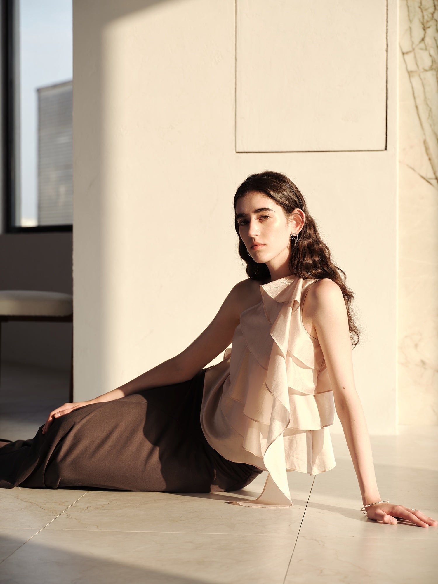 someonesometimes Ruffle One Shoulder Loose Tencel Modal Soft Mist Pink Women Top