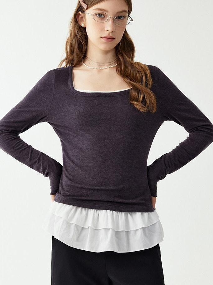 fano Rayon Spandex Slim Fit Korean Office Crew Neck Black Grey Long Sleeve T-Shirts