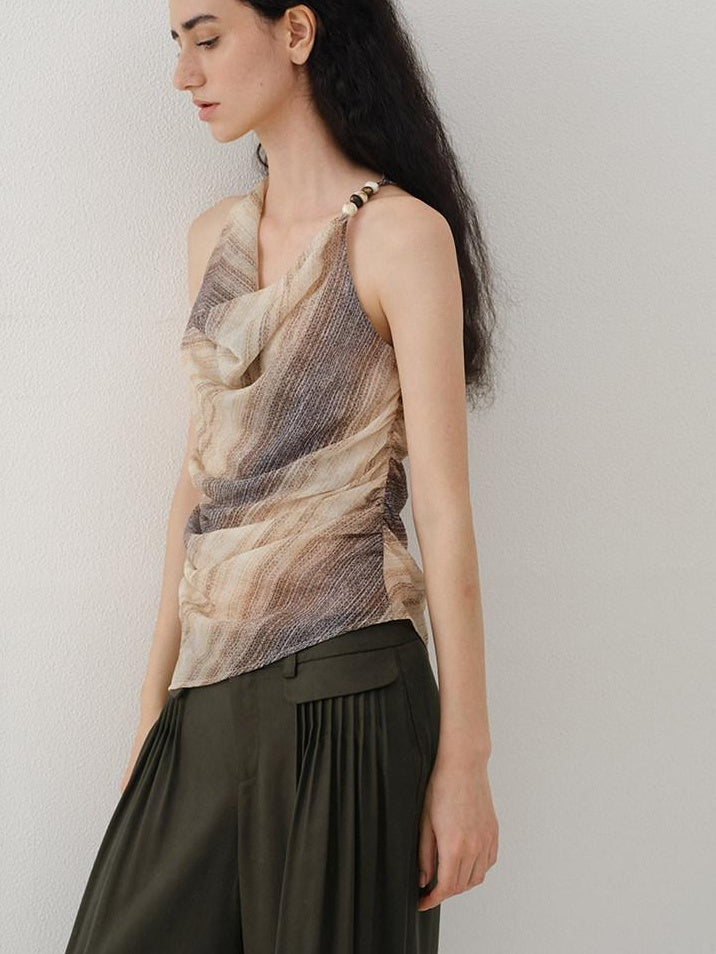 someonesometimes Original Asymmetric Patchwork Striped Slim Curve Khaki Brown For Women Vest