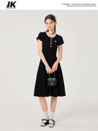 ikyou Soft Stretch Cotton Cinched Waist A Line U Neck Short Sleeve Black Maxi Dresses