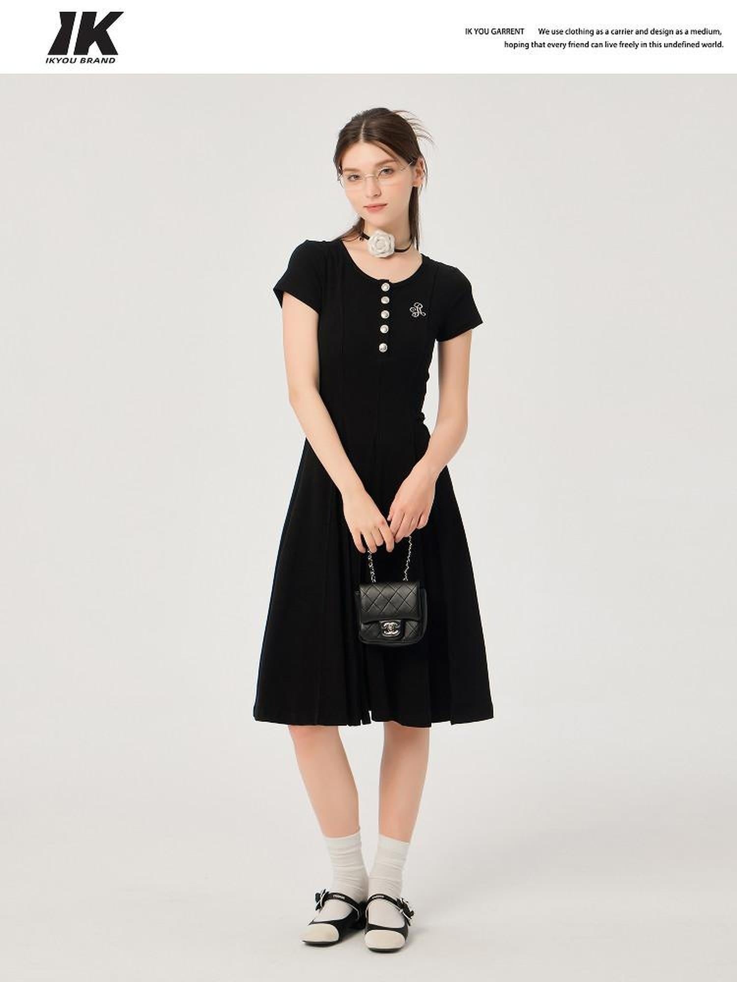 ikyou Soft Stretch Cotton Cinched Waist A Line U Neck Short Sleeve Black Maxi Dresses