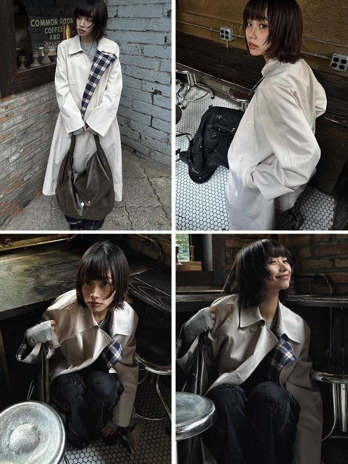 fano Loose Fit Korean Casual Long Beige Plaid Single Breasted Trench Coats