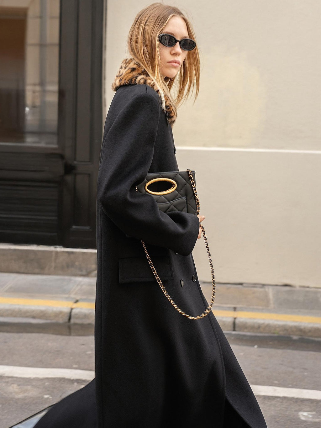 audreyyang 100% Sheep Wool Double Breasted Midlength Straight Women Black Wool Coats