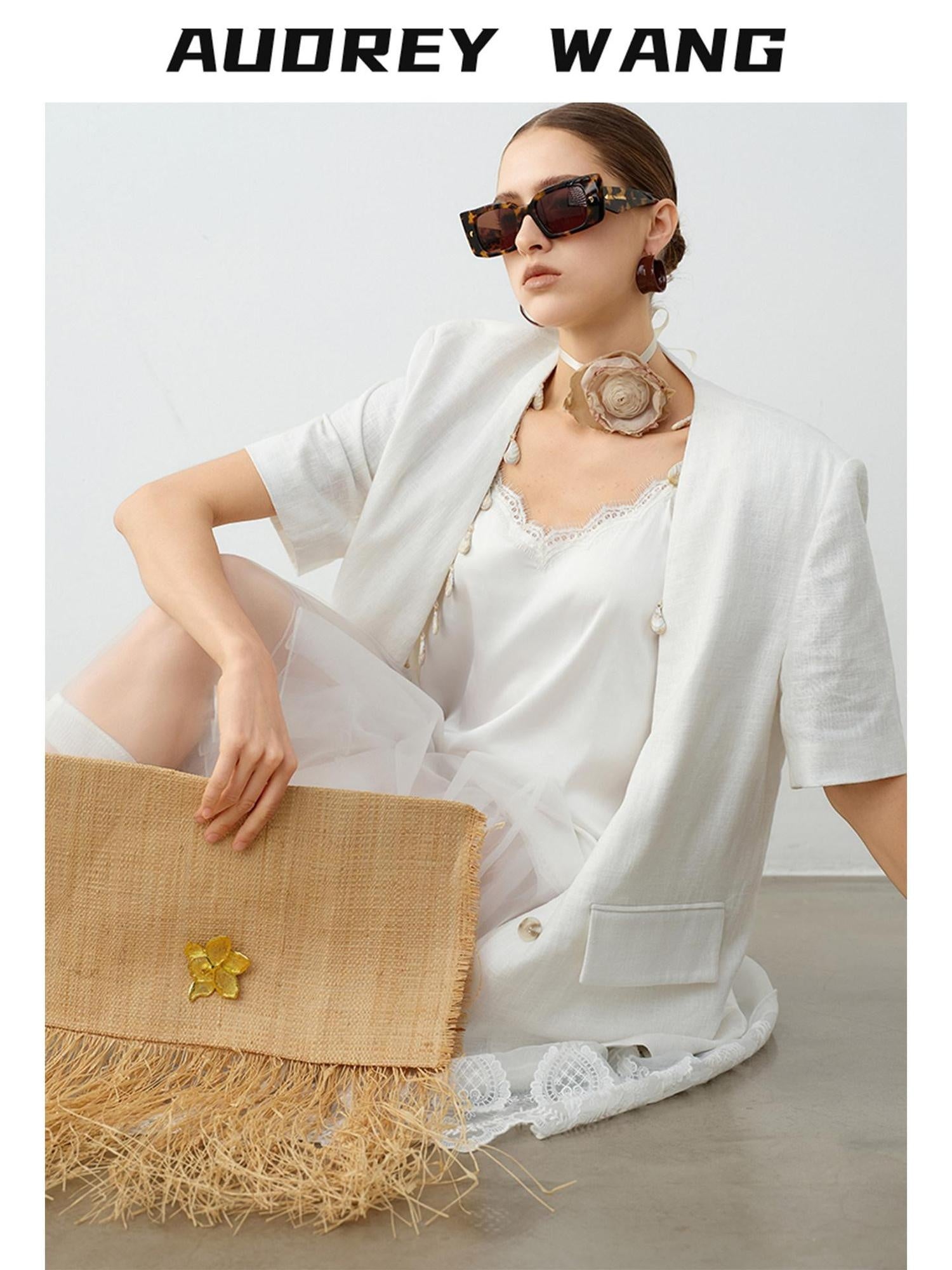audreyyang Breathable Linen Short Sleeve Minimalist Back Vent Casual Womens Blazers
