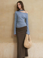someonesometimes Viscose Blend Casual Slim Asymmetric Neck Knit Long Sleeve Sky Blue Sweaters