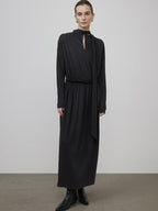 unspoken Minimal Office Pleated Round Neck Elastic Waist Long Sleeve Black Maxi Dresses