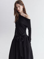 fano Viscose Blend Asymmetric Neck A Line Long Sleeve Workwear Women Maxi Dresses