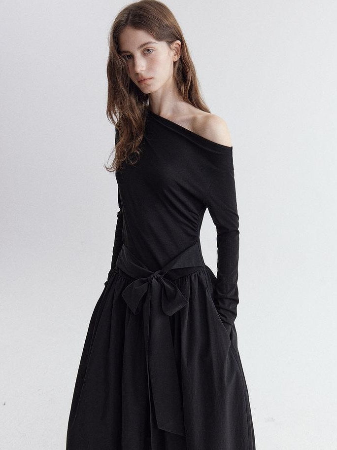 fano Viscose Blend Asymmetric Neck A Line Long Sleeve Workwear Women Maxi Dresses