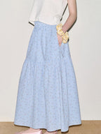 fano Lined 100% Cotton A Line Mid Waist Loose Fit Women Floral Blue Check Maxi Skirts