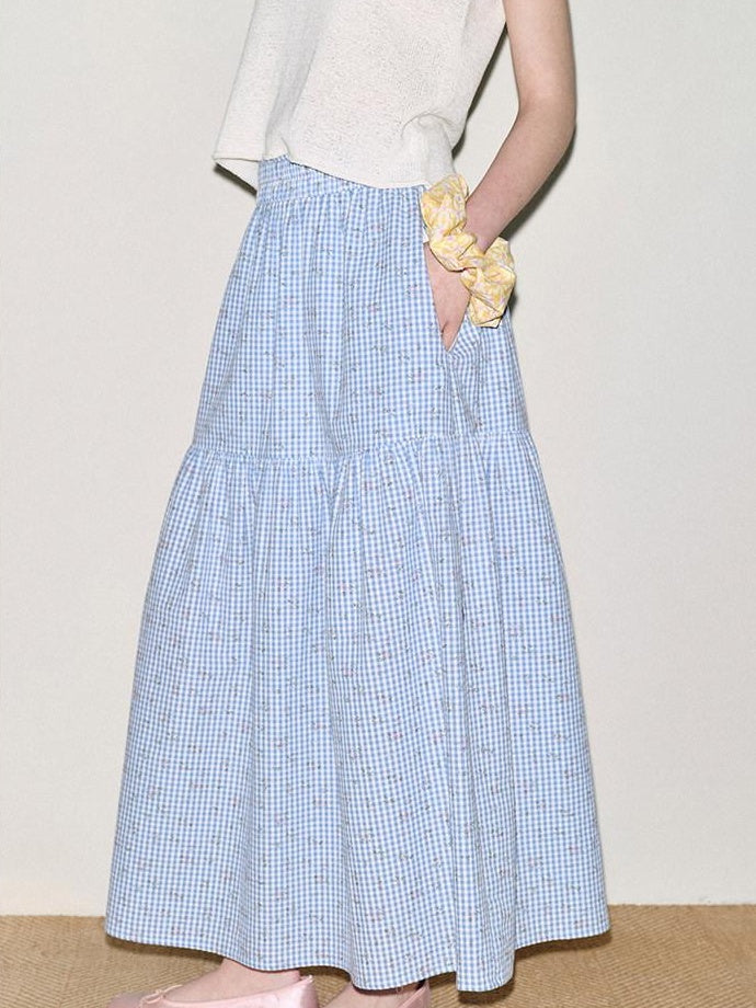 fano Lined 100% Cotton A Line Mid Waist Loose Fit Women Floral Blue Check Maxi Skirts
