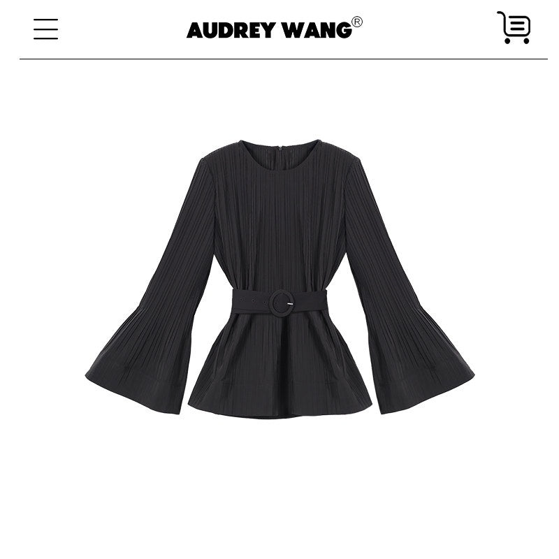 audreyyang_Minimalist_Office_Loose_Pleated_Bell_Sleeve_Round_Neck_Black_Blouses_MISSTT