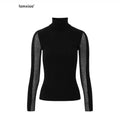 iamxiaa 3d Rib Splice Sheer High Neck Slim Women's Knit Long Sleeve T-shirts 999780108570