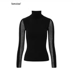 iamxiaa 3d Rib Splice Sheer High Neck Slim Women's Knit Long Sleeve T-shirts 999780108570