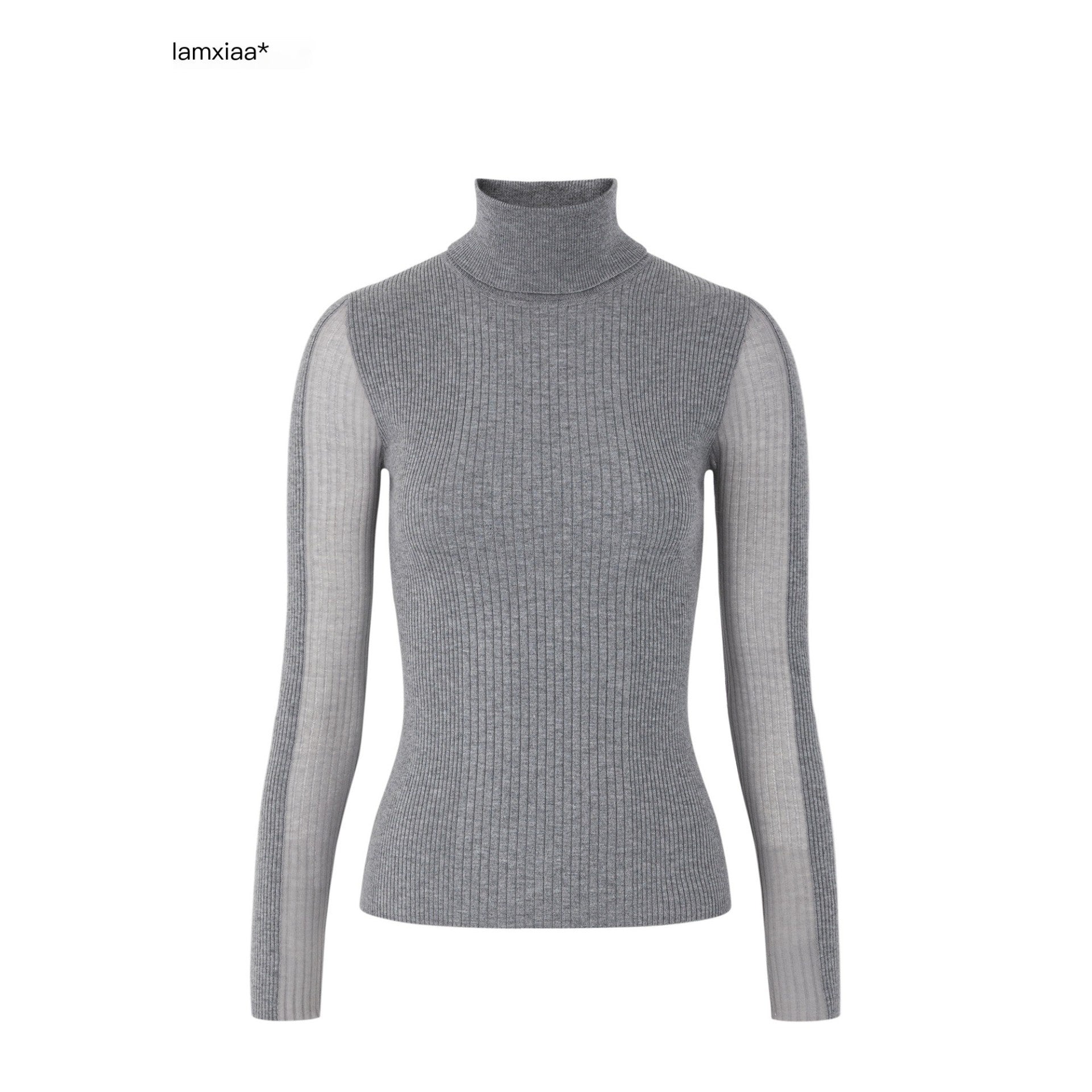 iamxiaa 3d Rib Splice Sheer High Neck Slim Women's Knit Long Sleeve T-shirts 999780108570