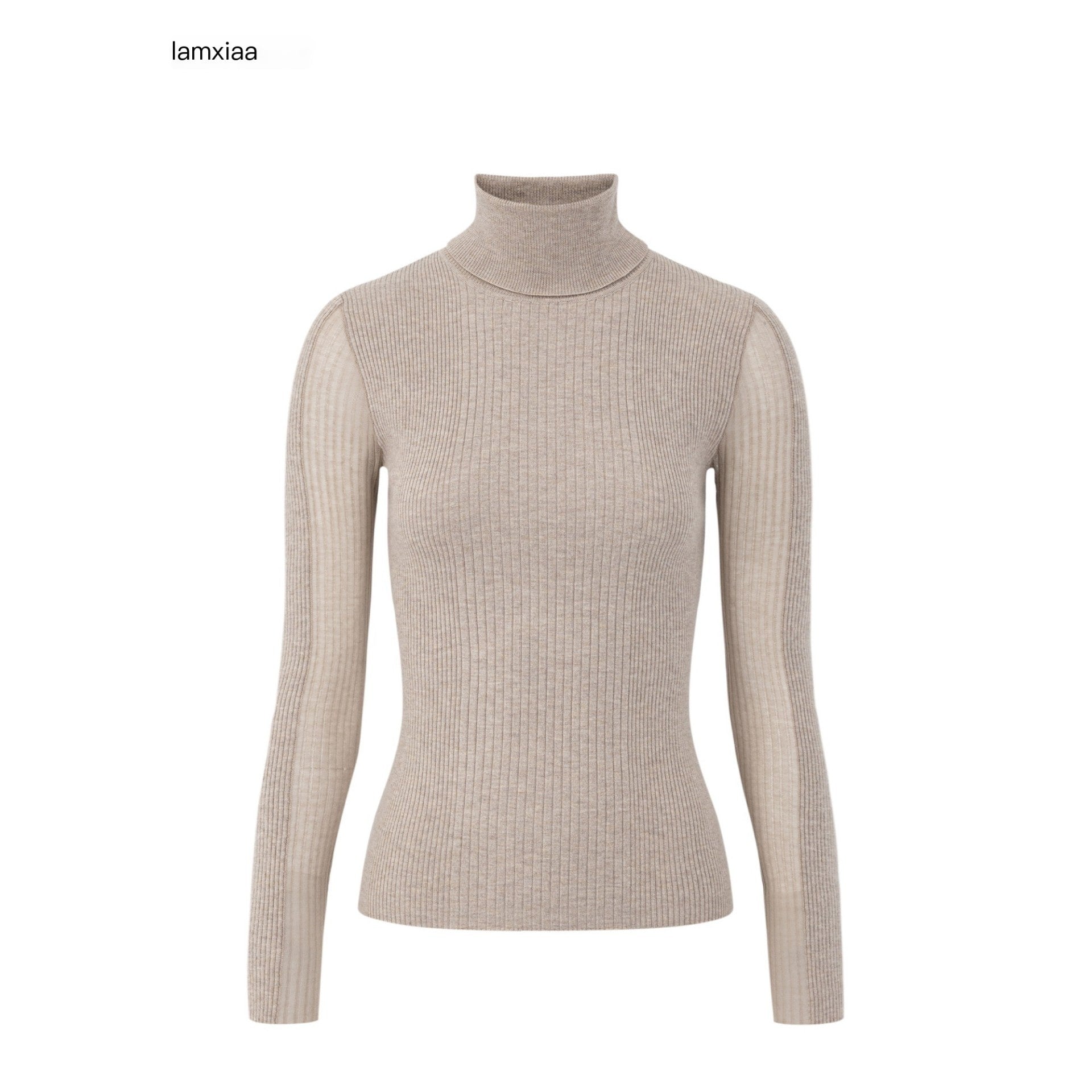 iamxiaa 3d Rib Splice Sheer High Neck Slim Women's Knit Long Sleeve T-shirts 999780108570