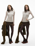 iamxiaa 3d Rib Splice Sheer High Neck Slim Women's Knit Long Sleeve T-shirts