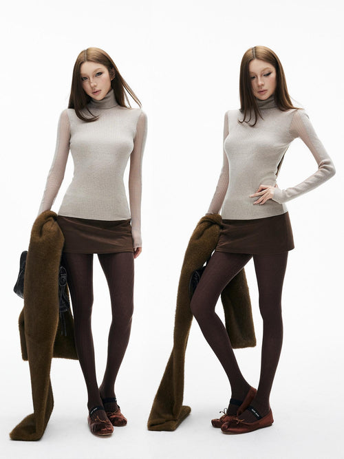 iamxiaa 3d Rib Splice Sheer High Neck Slim Women's Knit Long Sleeve T-shirts
