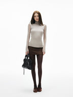 iamxiaa 3d Rib Splice Sheer High Neck Slim Women's Knit Long Sleeve T-shirts