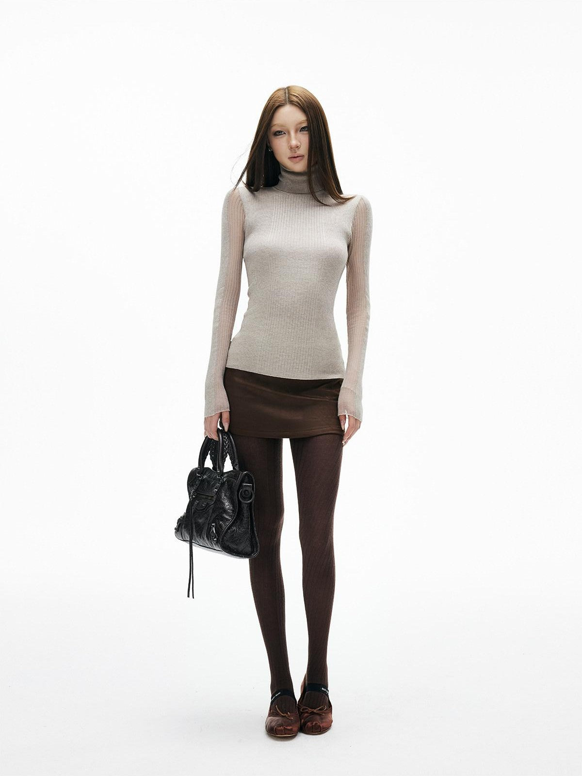 iamxiaa 3d Rib Splice Sheer High Neck Slim Women's Knit Long Sleeve T-shirts