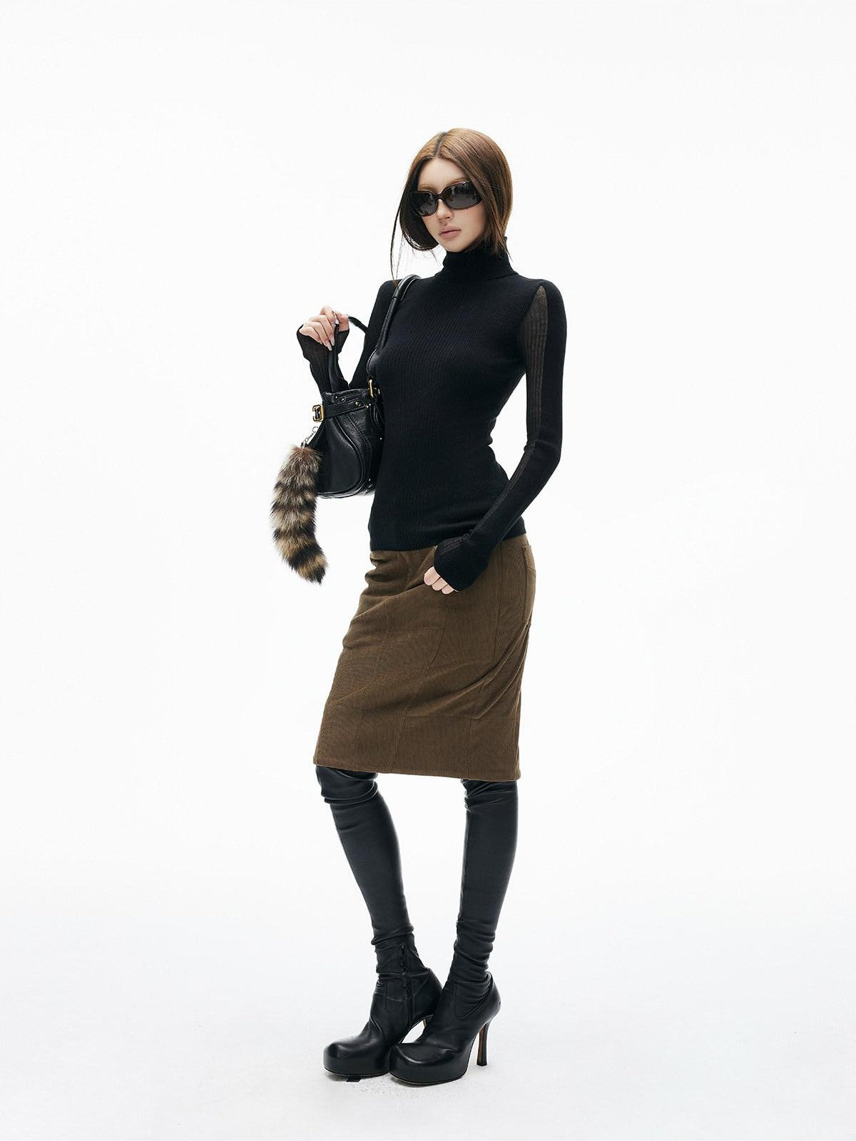 iamxiaa 3d Rib Splice Sheer High Neck Slim Women's Knit Long Sleeve T-shirts