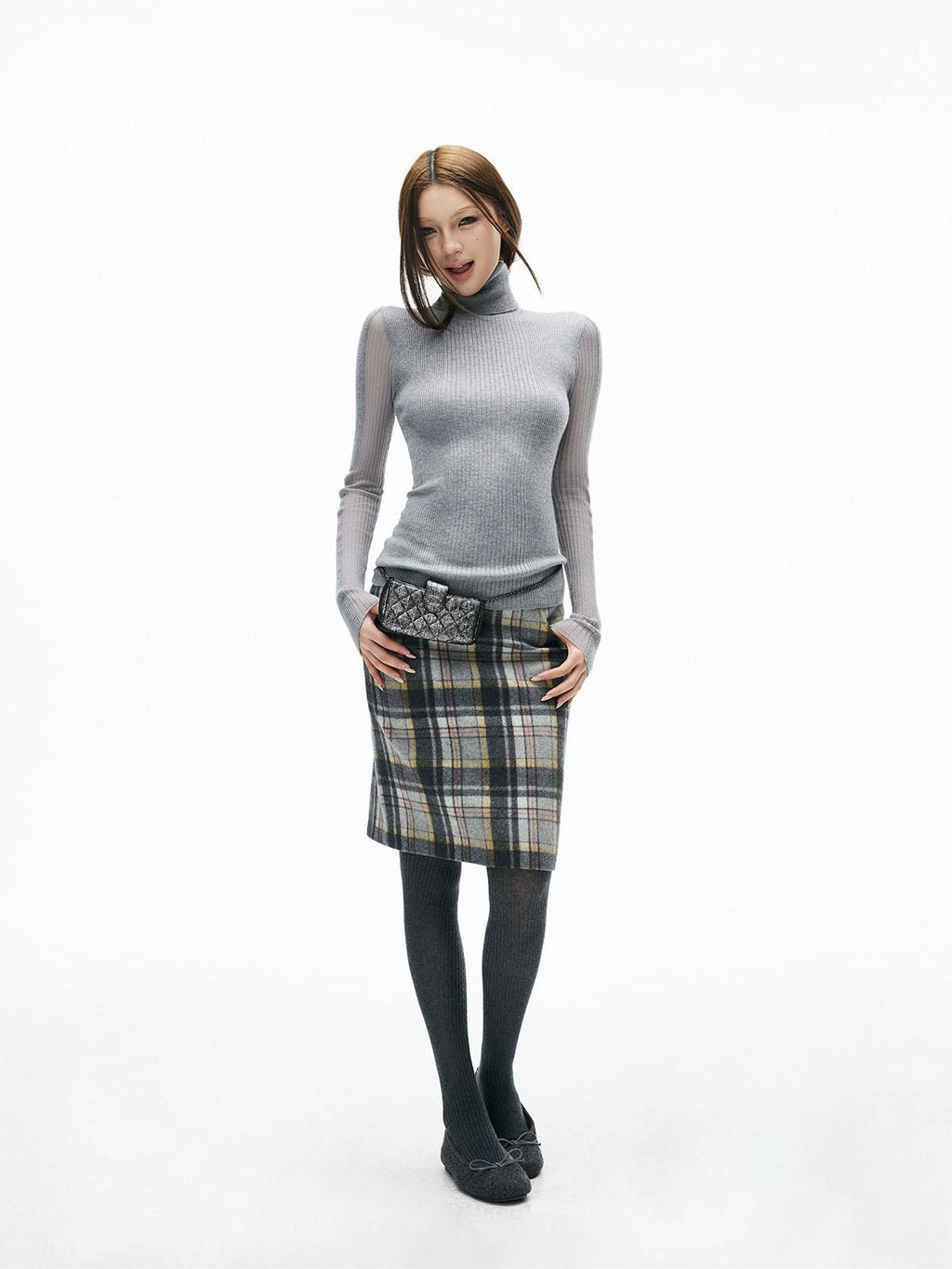 iamxiaa 3d Rib Splice Sheer High Neck Slim Women's Knit Long Sleeve T-shirts
