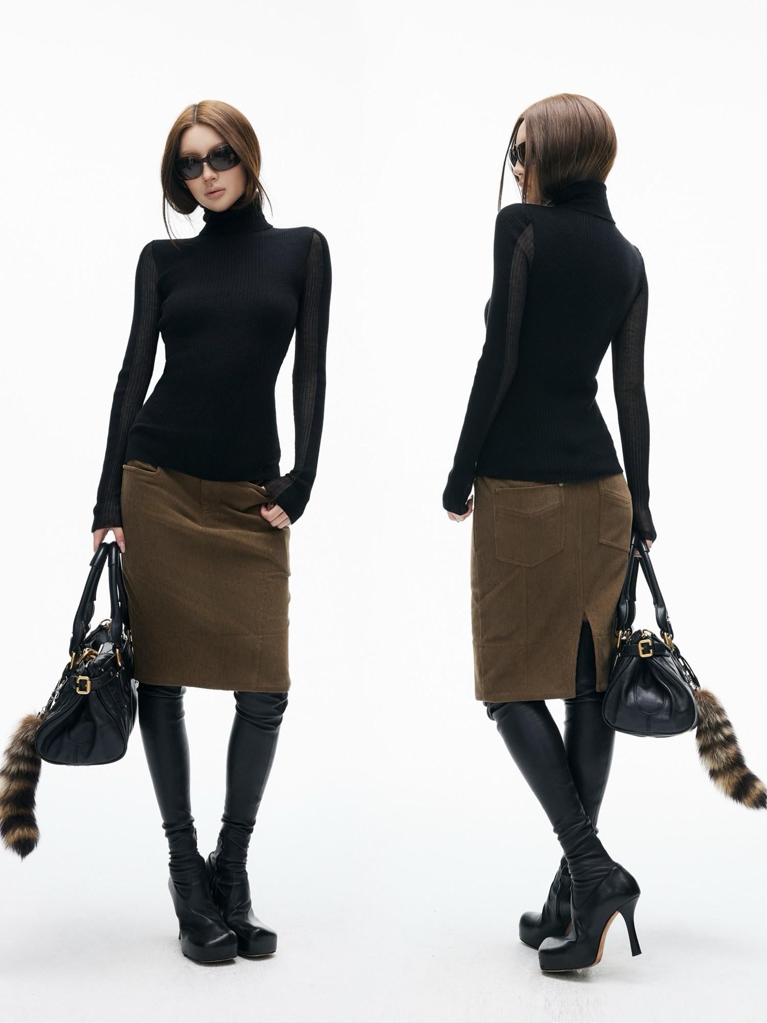 iamxiaa 3d Rib Splice Sheer High Neck Slim Women's Knit Long Sleeve T-shirts
