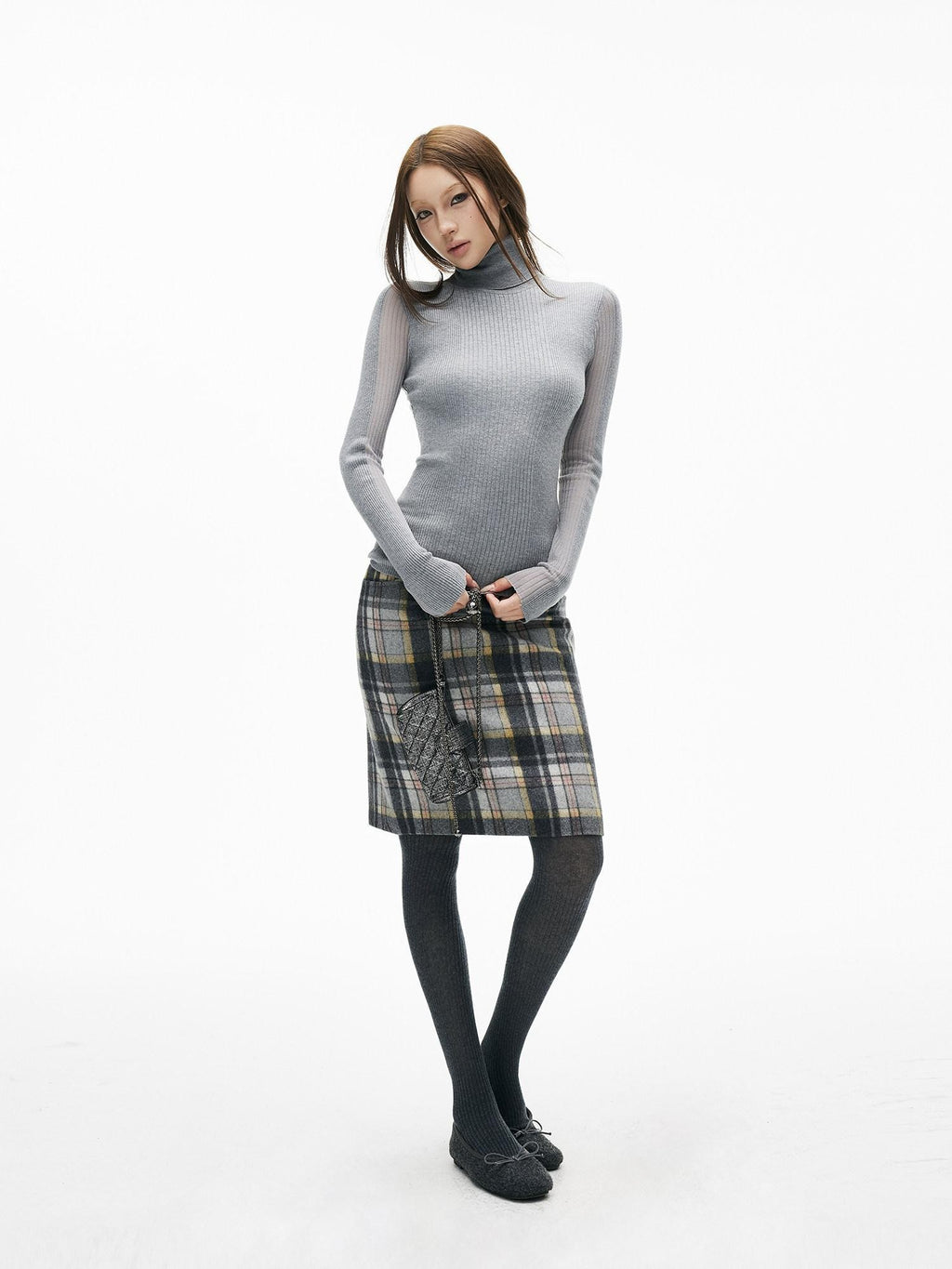 iamxiaa 3d Rib Splice Sheer High Neck Slim Women's Knit Long Sleeve T-shirts