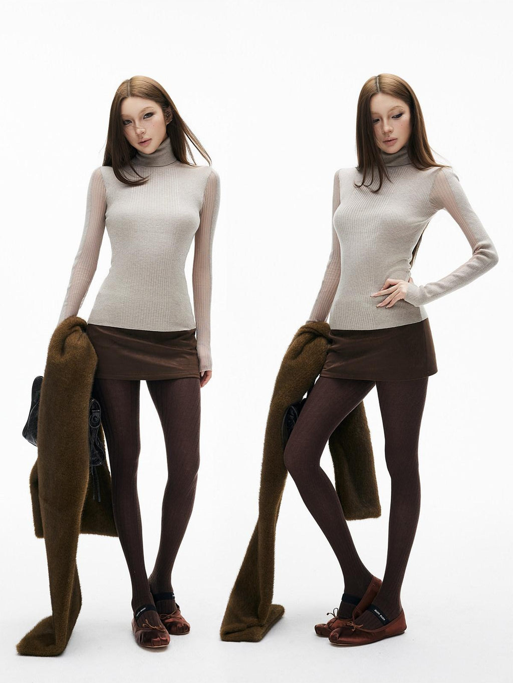 iamxiaa 3d Rib Splice Sheer High Neck Slim Women's Knit Long Sleeve T-shirts