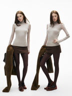 iamxiaa 3d Rib Splice Sheer High Neck Slim Women's Knit Long Sleeve T-shirts