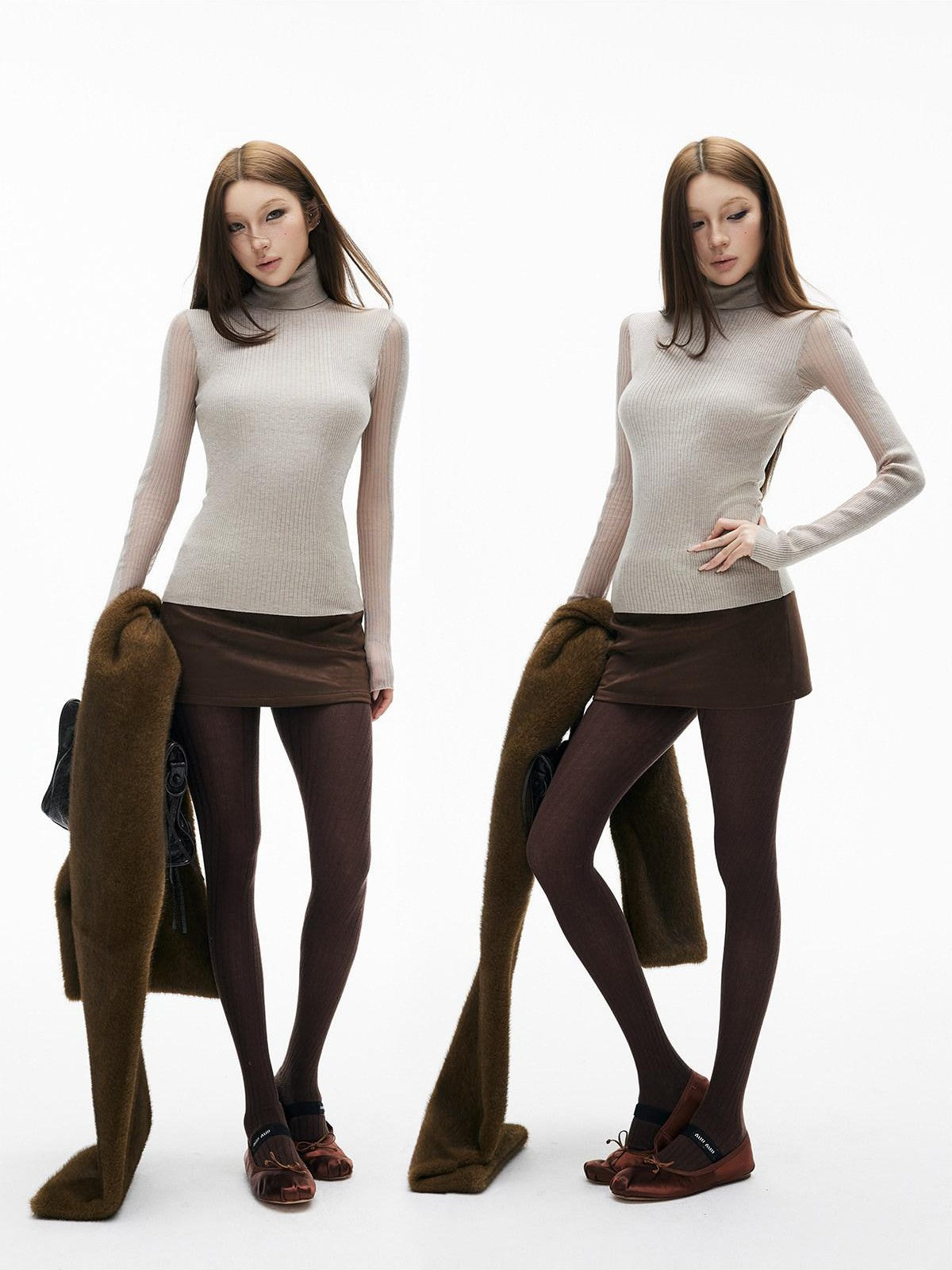 iamxiaa 3d Rib Splice Sheer High Neck Slim Women's Knit Long Sleeve T-shirts