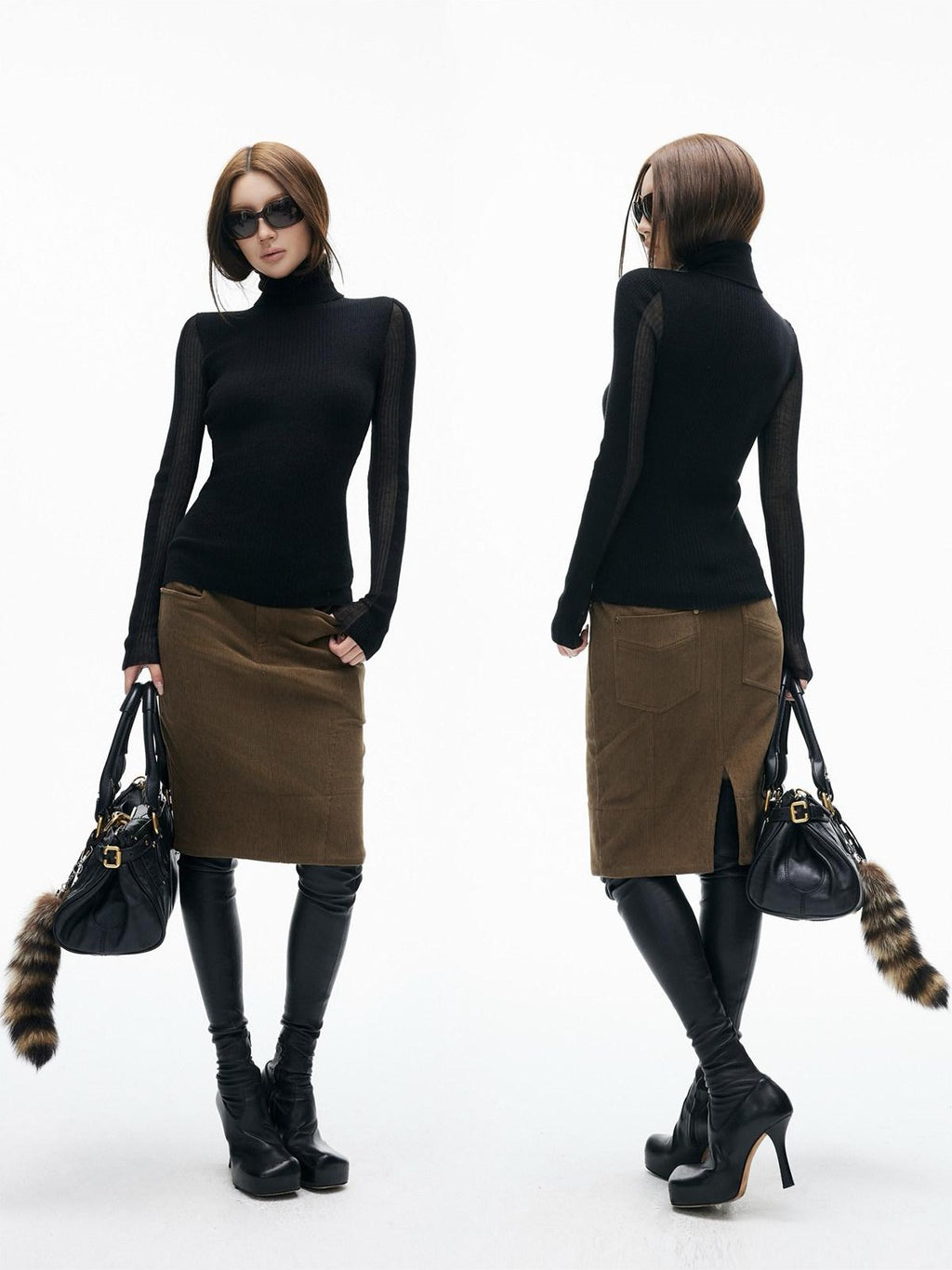 iamxiaa 3d Rib Splice Sheer High Neck Slim Women's Knit Long Sleeve T-shirts