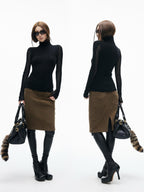 iamxiaa 3d Rib Splice Sheer High Neck Slim Women's Knit Long Sleeve T-shirts
