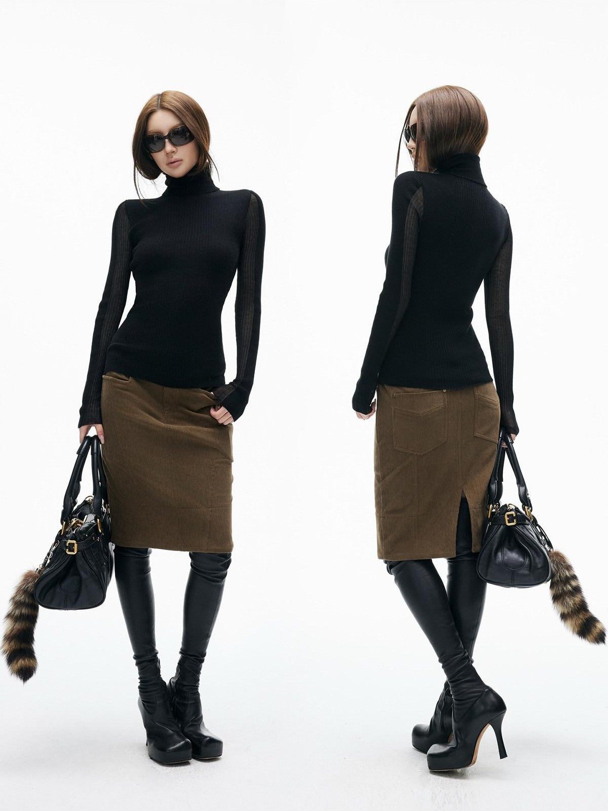 iamxiaa 3d Rib Splice Sheer High Neck Slim Women's Knit Long Sleeve T-shirts