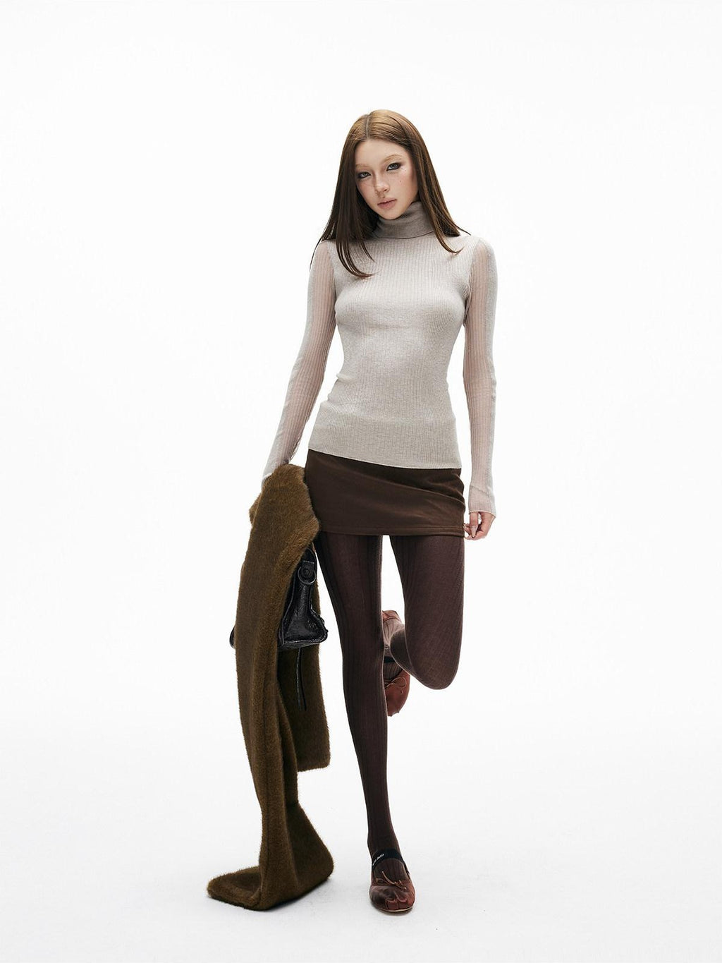 iamxiaa 3d Rib Splice Sheer High Neck Slim Women's Knit Long Sleeve T-shirts