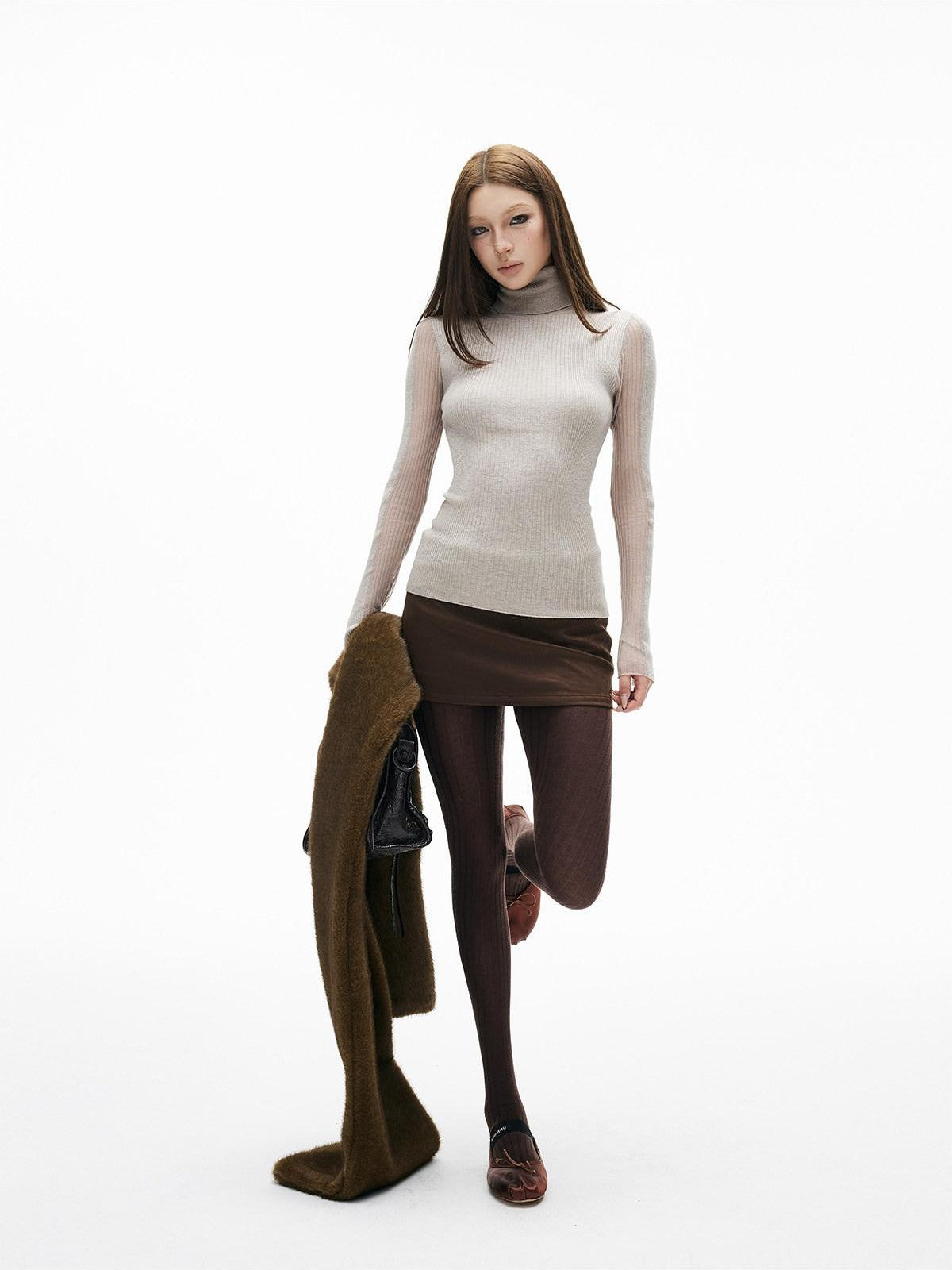 iamxiaa 3d Rib Splice Sheer High Neck Slim Women's Knit Long Sleeve T-shirts