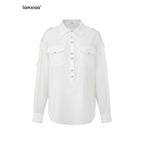 iamxiaa Adjustable Sleeve Tab Back Waist Tie Handmade Metal Buttons Women's Shirts 950262582007