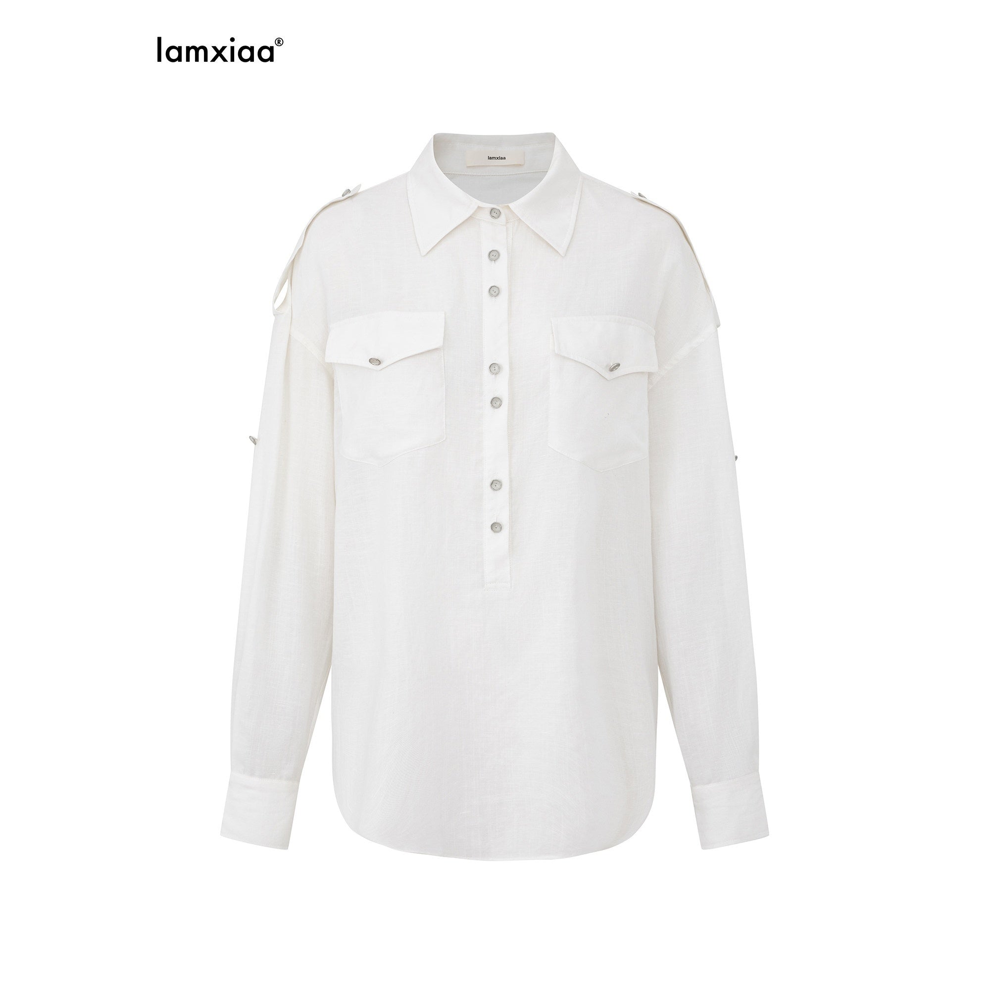iamxiaa Adjustable Sleeve Tab Back Waist Tie Handmade Metal Buttons Women's Shirts 950262582007